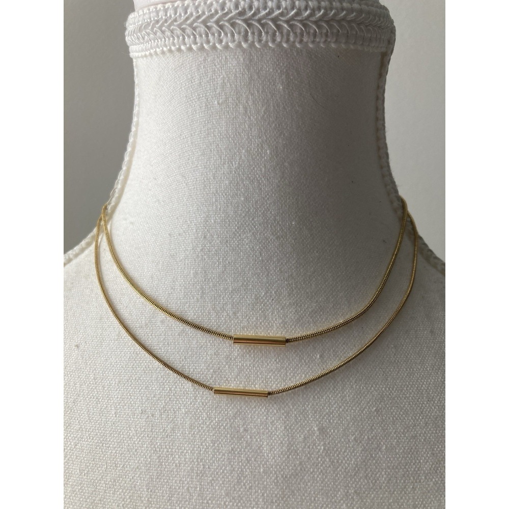 Gold Tone Double Strand Choker Chain Necklace Minimalist Tube Bar Layered Dainty